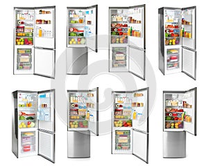 Set of modern refrigerators with food on white