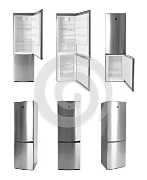 Set of modern refrigerators on white