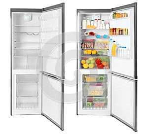 Set of modern refrigerators on white