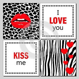 Set of modern romantic cards and banners. Realistic red lips on leopard print background. Black zebra stripes and hearts