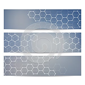 Set of modern science banners. Molecule structure DNA and neurons