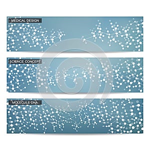 Set of modern scientific banners. Molecule structure DNA and neurons.