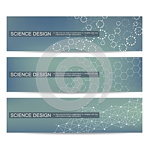 Set of modern scientific banners. Molecule structure DNA and neurons.