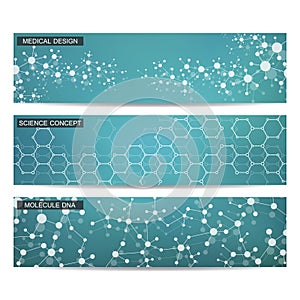 Set of modern scientific banners. Molecule structure DNA and neurons. Abstract background. Medicine, science, technology