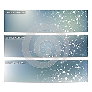 Set of modern scientific banners. Molecule structure DNA and neurons. Abstract background. Medicine, science, technology