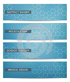 Set of modern scientific banners. Molecule structure DNA and neurons. Abstract background. Medicine, science, technology