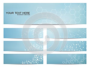 Set of modern scientific banners. Molecule structure DNA and neurons. Abstract background. Medicine, science, technology