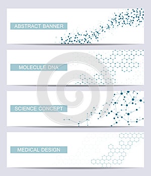 Set of modern scientific banners. Molecule structure DNA and neurons. Abstract background. Medicine, science, technology