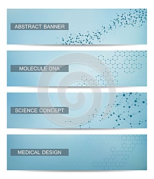 Set of modern scientific banners. Molecule structure DNA and neurons. Abstract background. Medicine, science, technology