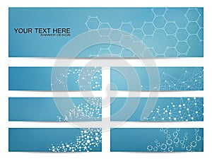 Set of modern scientific banners. Molecule structure DNA and neurons. Abstract background. Medicine, science, technology