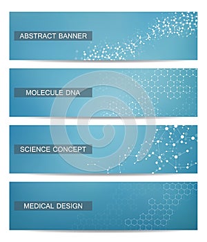 Set of modern scientific banners. Molecule structure DNA and neurons. Abstract background. Medicine, science, technology