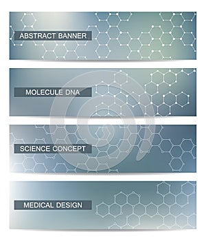 Set of modern scientific banners. Molecule structure DNA and neurons. Abstract background. Medicine, science, technology