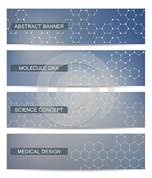 Set of modern scientific banners. Molecule structure DNA and neurons. Abstract background. Medicine, science, technology