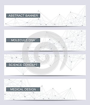 Set of modern scientific banners. Molecule structure DNA and neurons. Abstract background. Medicine, science, technology