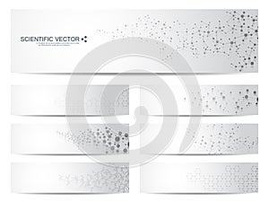 Set of modern scientific banners. Molecule structure DNA and neurons. Abstract background. Medicine, science, technology