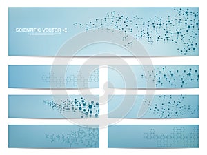 Set of modern scientific banners. Molecule structure DNA and neurons. Abstract background. Medicine, science, technology