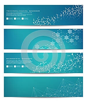 Set of modern scientific banners. Molecule structure DNA and neurons. Abstract background. Medicine, science, technology