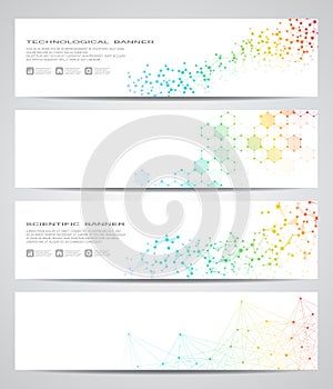 Set of modern scientific banners. Molecule structure DNA and neurons. Abstract background. Medicine, science, technology