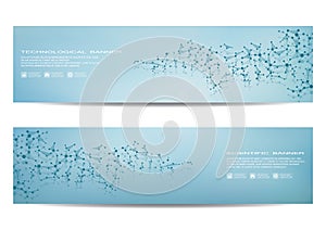 Set of modern scientific banners. Molecule structure DNA and neurons. Abstract background. Medicine, science, technology