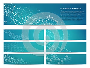 Set of modern scientific banners. Molecule structure DNA and neurons. Abstract background. Medicine, science, technology