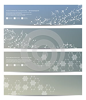 Set of modern scientific banners. Molecule structure DNA and neurons. Abstract background. Medicine, science, technology