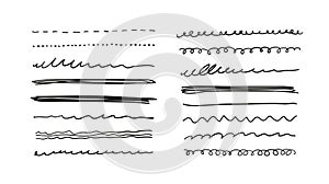 Set of modern scribbles, swirls, waves, strikeouts. Collection of linear elements for design. Hand drawn vector