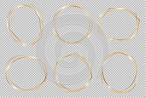 Set of modern shiny vector polygonal and oval shapes. Collection of gold geometric frames.