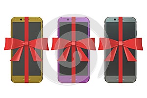 Set of modern smartphones with bows and ribbons, gift concept. 3