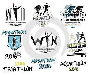 Set of modern sports: triathlon, marathon, aquatlon, cycling logos, icons