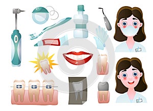 Set of modern stomatology icons or dentis doctor tools