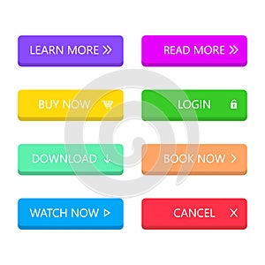Set of modern style buttons in flat style for mobile app, web, banner, game. Multicolored buttons on isolated background.