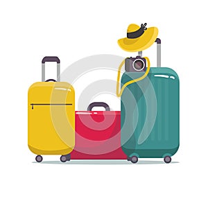 Set of modern suitcase with on wheels for traveling and business trips with camera. Vector. with leaves. isolated on