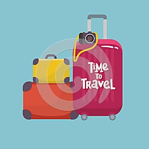 Set of modern suitcase with on wheels for traveling and business trips with camera. Vector. with leaves. isolated on