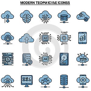 Set of modern tech icons featuring cloud computing, artificial intelligence (AI) chips,