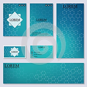 Set of modern templates for brochure, flyer, visit cards and banner. Structure molecule DNA neurons. Medicine, science photo