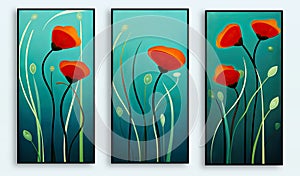 A set of modern three paintings of red flowers and green grass. Plant art design.