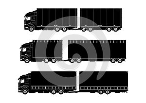 Set of modern truck silhouettes with close-coupled trailer.