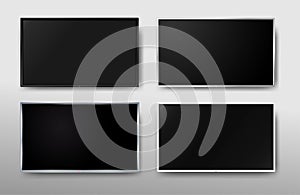 Set of Modern TV screen. Display wide tv. Digital realistic black screen. 4k, LCD or LED tv screen. Vector illustration. Isolated