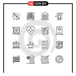 Set of 16 Modern UI Icons Symbols Signs for security, locker, blog, fire place, camping