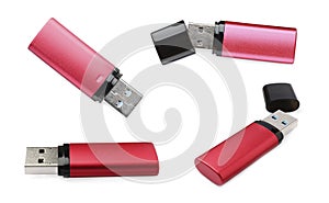 Set with modern usb flash drives on white background