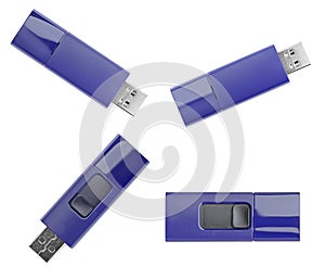 Set with modern usb flash drives on white background, top view