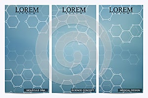 Set of modern vector flyers. Abstract background with molecule structure DNA and neurons. Medicine, science, technology