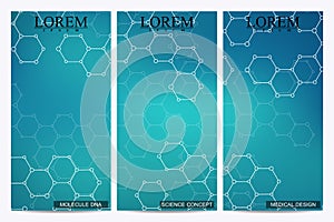 Set of modern vector flyers. Abstract background with molecule structure DNA and neurons. Medicine, science, technology