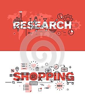 Set of modern vector illustration concepts of words research and shopping