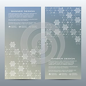 Set of modern vertical scientific banners. Molecule structure of DNA and neurons. Abstract background. Medicine, science