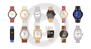 Set of modern and vintage wristwatches. Fashion design of wrist watches with silver, gold and leather straps. Men and