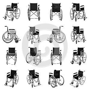 Set of modern wheelchairs on white