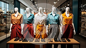 A set of modern women\'s clothing worn on mannequins