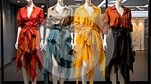 A set of modern women\'s clothing worn on mannequins
