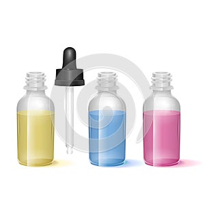 Set of Moisture oils ads, with light colorful fluids cosmetic skincare product on white background. Vector eps 10